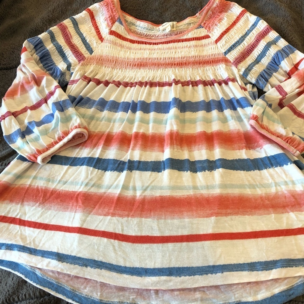 Anthropologie Meadow Rue Patriotic Red and Blue Long Sleeve Striped Tee L